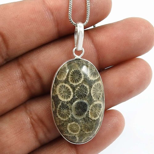 Fossil Coral Gemstone Pendant 925 Sterling Silver Jewelry O39