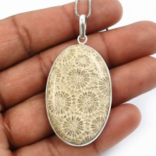925 Sterling Fine Silver Jewelry Fossil Coral Gemstone Pendant H10