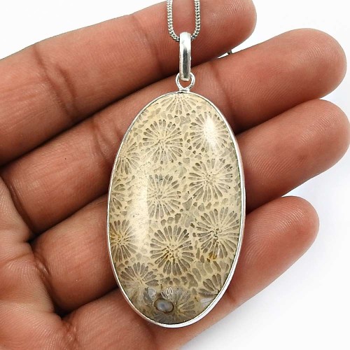 Birthday Gift 925 Sterling Silver Jewelry Fossil Coral Gemstone Pendant P39
