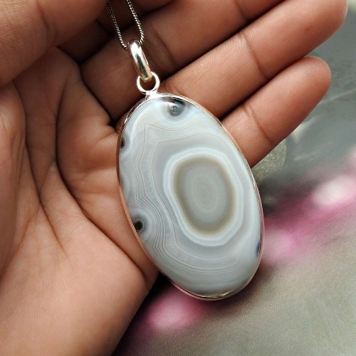 Oval Striped Onyx Gemstone Jewelry For Women 925 Sterling Silver Pendant P5