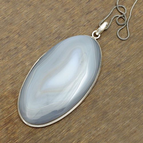 Oval Striped Onyx Gemstone Pendant For Women 925 Sterling Silver Jewelry V5