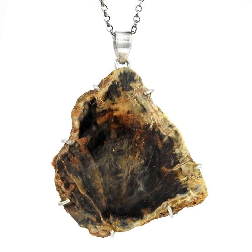 Awesome !! 925 Sterling Silver Petrified Wood Pendant