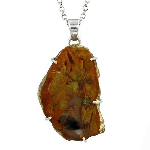 Big Delicate !! 925 Sterling Silver Petrified Wood Pendant