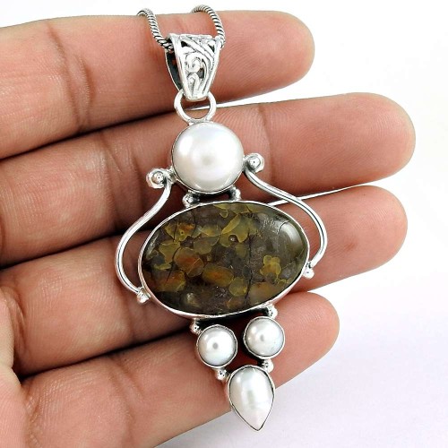 925 Sterling Silver Gemstone Jewelry Charming Ocean Jasper, South Sea Pearl Gemstone Pendant Wholesaler