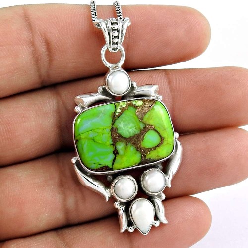 925 Sterling Silver Vintage Jewelry Ethnic Green Copper Turquoise, South Sea Pearl Gemstone Pendant Manufacturer