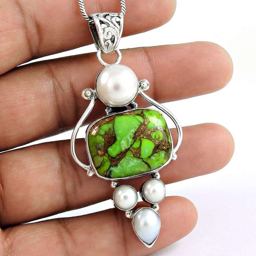 925 Sterling Silver Antique Jewelry Beautiful Green Copper Turquoise, South Sea Pearl Gemstone Pendant De gros