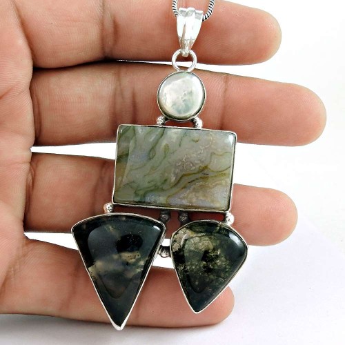 Gorgeous ! Moss Agate, Pearl 925 Sterling Silver Pendant Wholesaler