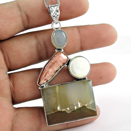 Sterling Silver Indian Jewelry High Polish Chalcedony, South Sea Pearl, Freshwater Pearl Gemstone Pendant Exporter