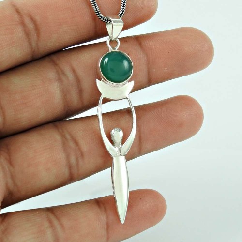 Excellent Green Onyx Gemstone 925 Sterling Silver Vintage Pendant Jewellery