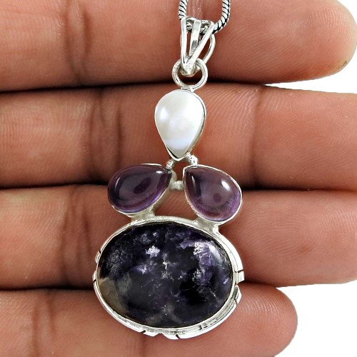 Simple ! 925 Sterling Silver Pearl, Amethyst, Charoite Pendant