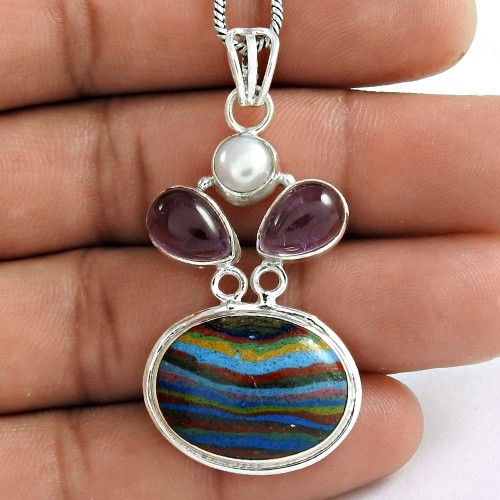 New Exclusive Style !! 925 Sterling Silver Pearl, Amethyst, Rainbow Calsilica Pendant