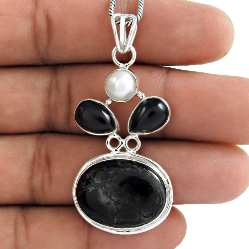Amazing !! 925 Sterling Silver Black Onyx, Pearl, Hematite Pendant