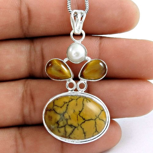 Just Perfect !! 925 Sterling Silver Tiger Eye, Pearl, Dendrite Agate Pendant
