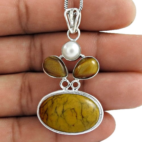 Pale Beauty !! 925 Sterling Silver Tiger Eye, Pearl, Dendrite Agate Pendant Proveedor