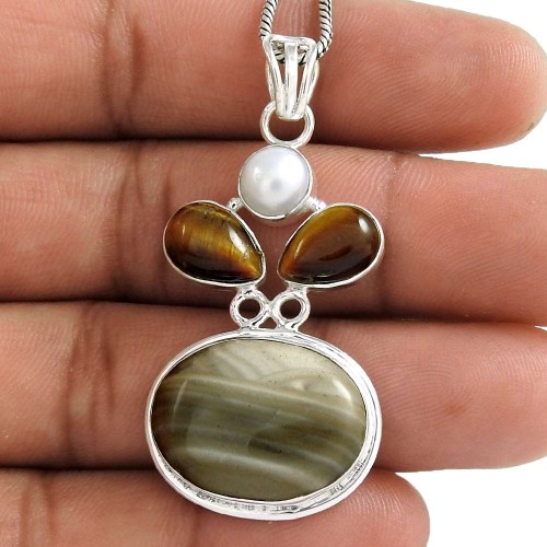 Natural !! 925 Sterling Silver Pearl, Tiger Eye, Stripped Onyx Pendant