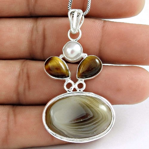 Simple !! 925 Sterling Silver Pearl, Tiger Eye, Stripped Onyx Pendant