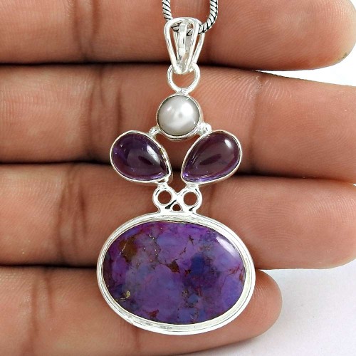 Natural Beauty !! 925 Sterling Silver Pearl, Amethyst, Purple Copper Turquoise Pendant Fabricante