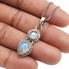 Birthday Gift 925 Sterling Silver Jewelry Rainbow Moonstone Gemstone Pendant E10