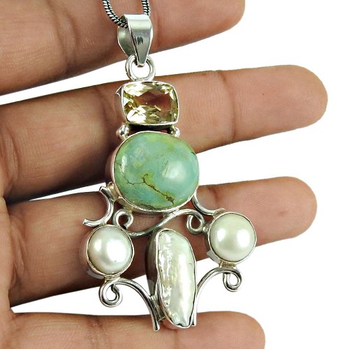 Daily Wear Turquoise, Pearl, Citrine, Mother of Pearl Gemstone Pendant 925 Sterling Silver Jewellery
