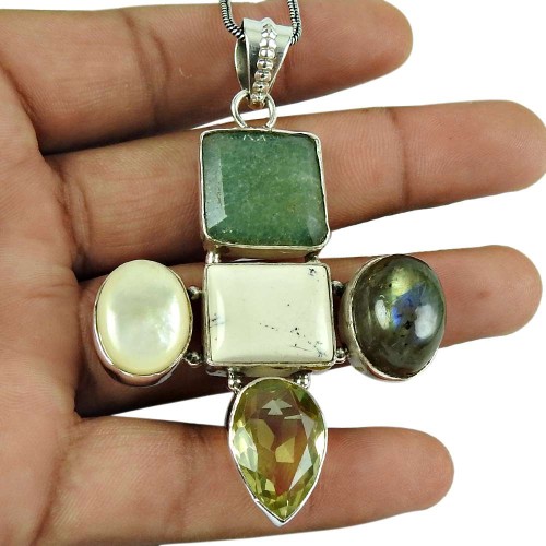 Good-Looking Emerald, Pearl, Mother of Pearl, Labradorite, Citrine Gemstone Pendant 925 Sterling Silver Antique Jewellery