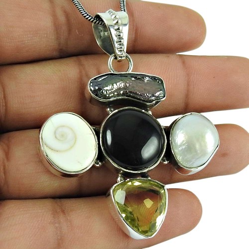 Handy Black Onyx, Shiva Eye, Pearl, Citrine, Mother of Pearl Gemstone Pendant Sterling Silver Fashion Jewellery