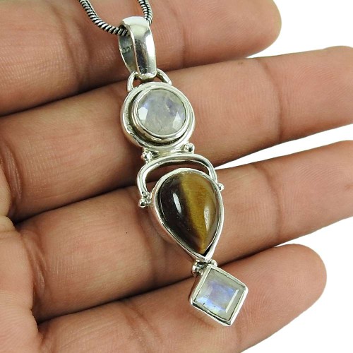 Amusable Rainbow Moonstone, Tiger Eye Gemstone Pendant 925 Sterling Silver Jewellery