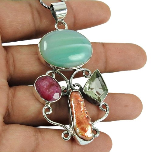 Scrumptious Striped Onyx, Ruby, Green Amethyst, Mother of Pearl Gemstone Pendant 925 Sterling Silver Jewellery