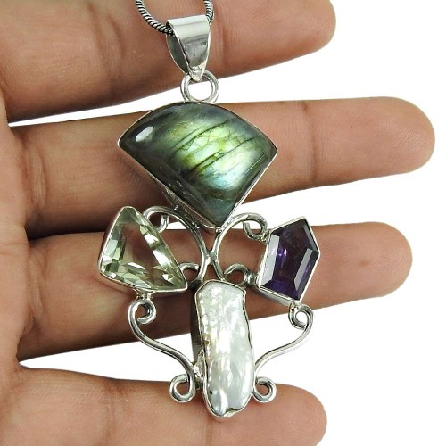 Possessing Good Fortune Labradorite, Green Amethyst, Amethyst, Mother of Pearl Gemstone Pendant 925 Sterling Silver Indian Jewellery