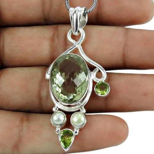 Seemly Green Amethyst, Pearl, Peridot Gemstone Pendant 925 Silver Jewellery