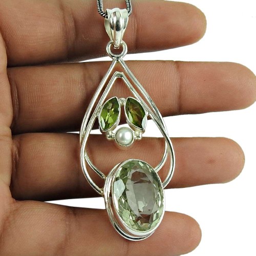Personable Green Amethyst, Pearl, Peridot Gemstone Pendant 925 Silver Jewellery