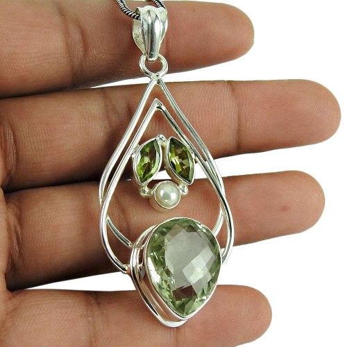 Classic Green Amethyst, Pearl, Peridot Gemstone Pendant 925 Sterling Silver Jewellery