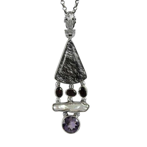925 sterling silver gemstone jewelry Beautiful Black Rutile, Biwa Pearl, Amethyst, Garnet Gemstone Pendant