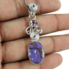 Good-Looking Purple Copper Turquoise, Amethyst Gemstone Pendant 925 Sterling Silver Antique Jewellery