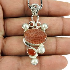Engaging Crackled Fire Agate, Carnelian, Pearl Gemstone Pendant 925 Sterling Silver Jewellery