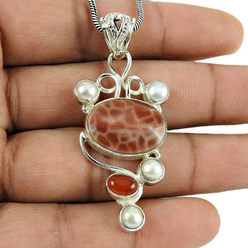 Excellent Crackled Fire Agate, Carnelian, Pearl Gemstone Pendant 925 Sterling Silver Vintage Jewellery