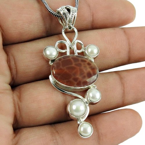 Beautiful Crackled Fire Agate, Pearl Gemstone Pendant 925 Silver Jewellery