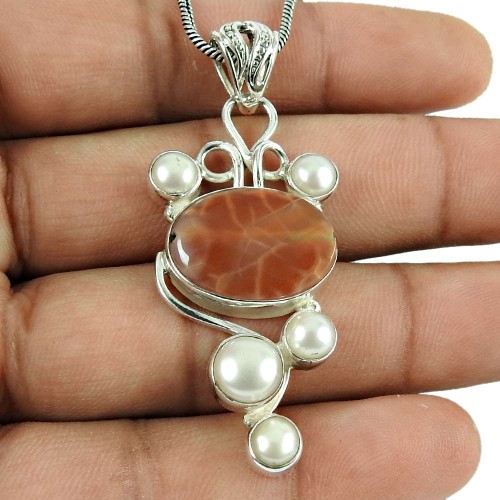 Daily Wear Crackled Fire Agate, Pearl Gemstone Pendant 925 Sterling Silver Jewellery