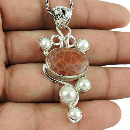 Rare Crackled Fire Agate, Pearl Gemstone Pendant 925 Sterling Silver Fashion Jewellery