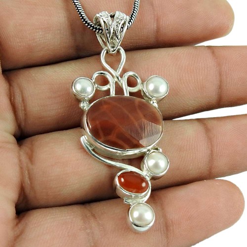 Sightly Crackled Fire Agate, Carnelian, Pearl Gemstone Pendant Indian Sterling Silver Jewellery