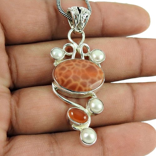 Perfect Crackled Fire Agate, Carnelian, Pearl Gemstone Pendant Sterling Silver Jewellery