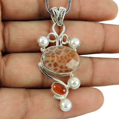 Personable Crackled Fire Agate, Carnelian, Pearl Gemstone Pendant 925 Silver Jewellery