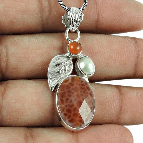 Lustrous Crackled Fire Agate, Carnelian, Pearl Gemstone Pendant 925 Sterling Silver Fashion Jewellery