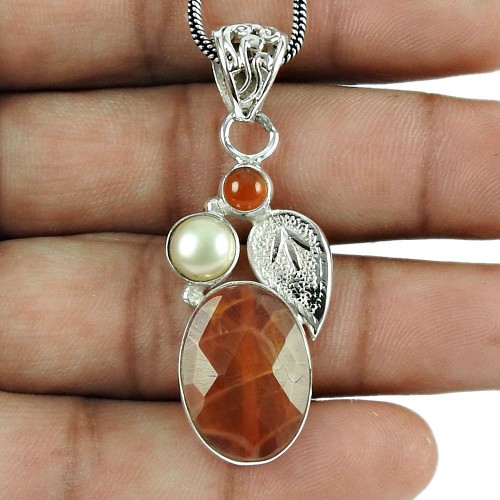 Good-Looking Crackled Fire Agate, Carnelian, Pearl Gemstone Pendant 925 Sterling Silver Antique Jewellery
