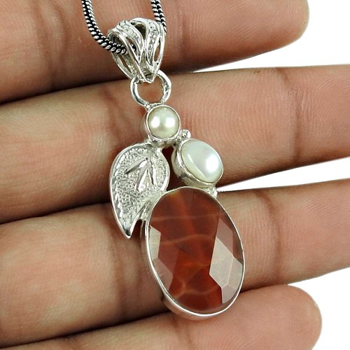 Lovely Crackled Fire Agate, Pearl Gemstone Pendant Indian Sterling Silver Jewellery