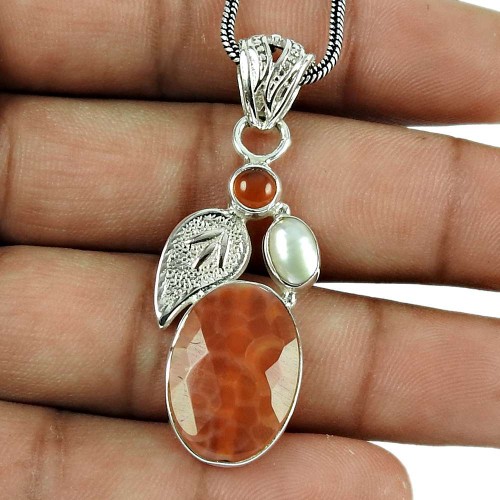 Scenic Crackled Fire Agate, Carnelian, Pearl Gemstone Pendant Sterling Silver Jewellery