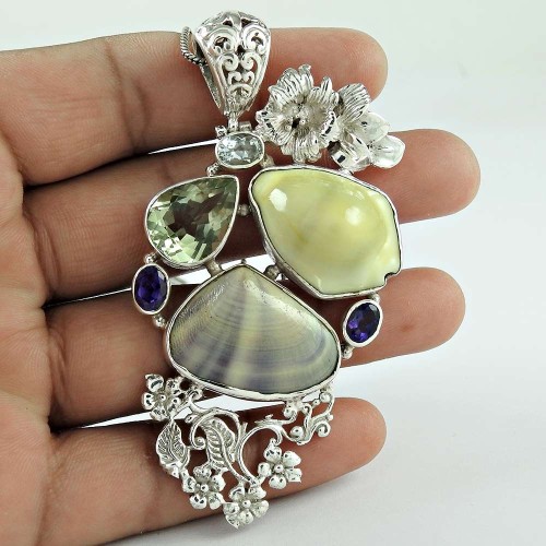 925 Sterling Silver Gemstone Jewelry Trendy Shell, Amethyst, Green Amethyst, Blue Topaz Gemstone Pendant De gros