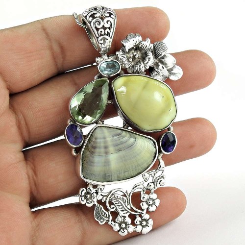 Indian Sterling Silver Jewelry Charming Shell, Amethyst, Green Amethyst, Blue Topaz Gemstone Pendant Wholesale Price