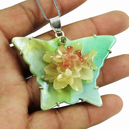 Rare Mother of Pearl, Peridot Gemstone Butterfly Pendant 925 Sterling Silver Fashion Jewellery