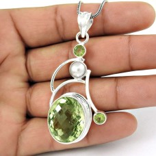 sterling silver fashion jewelry Rare Green Amethyst, Pearl, Peridot Gemstone Pendant