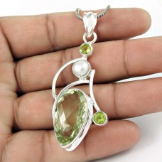 925 sterling silver gemstone jewelry Trendy Green Amethyst, Pearl, Peridot Gemstone Pendant
